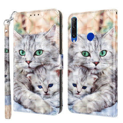 Leather phone case with 3D painted gray cat faces and a blue circular camera cutout