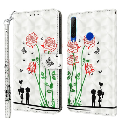 Leather phone case with 3D painted red roses, green stems, and heart-and-butterfly motifs