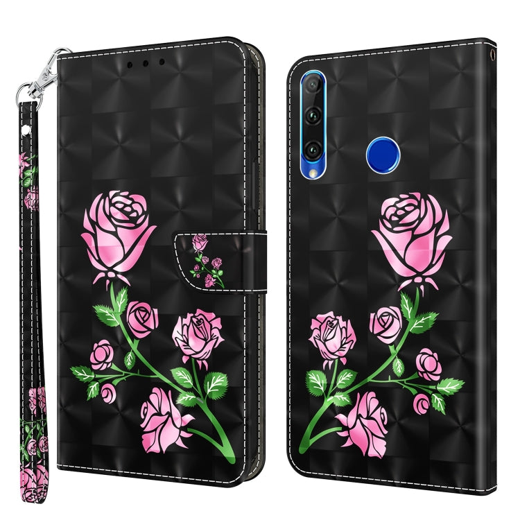 3D painted leather phone case, black rose pattern with blue camera ring detail