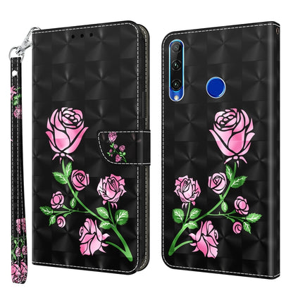 3D painted leather phone case, black rose pattern with blue camera ring detail