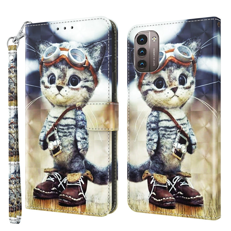 3D painted leather phone case with cartoon cat art and camera cutout