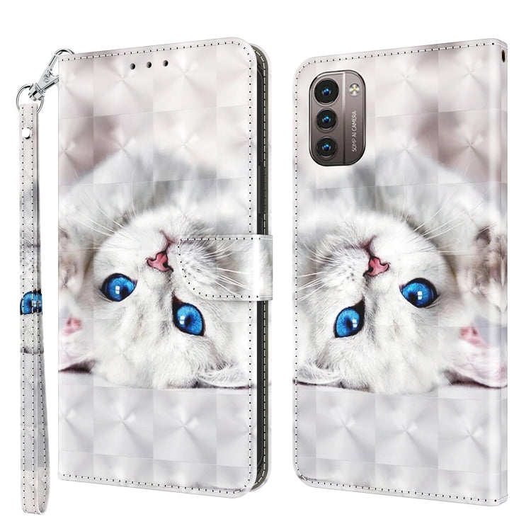 3D painted leather phone case with white cat face, blue eyes, and rear camera window