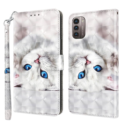 3D painted leather phone case with white cat face, blue eyes, and rear camera window
