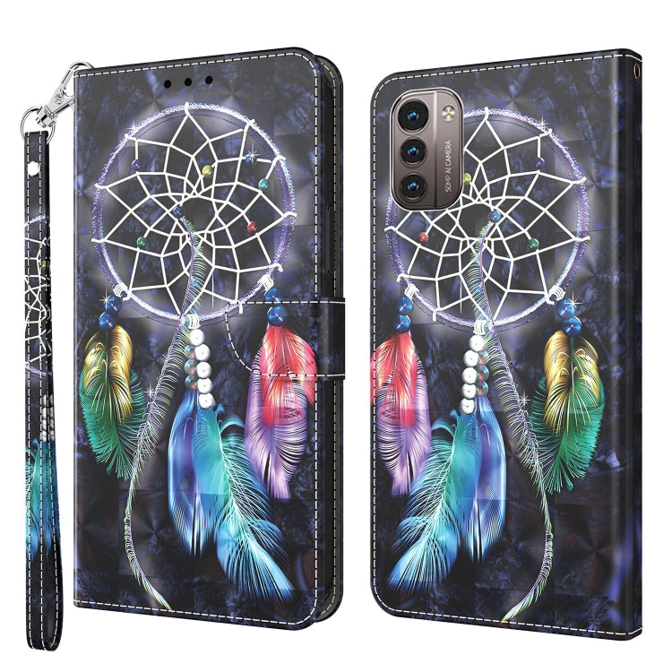 3D painted leather phone case with dark dreamcatcher art and multicolor feather pattern
