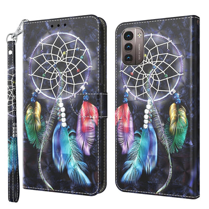 3D painted leather phone case with dark dreamcatcher art and multicolor feather pattern