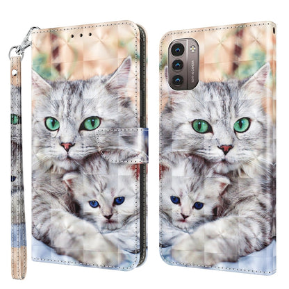 Leather phone case with 3D painted gray cat faces and a gray multi-camera cutout