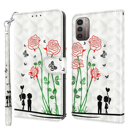 Leather phone case with 3D painted red roses, green stems, and black couple silhouettes
