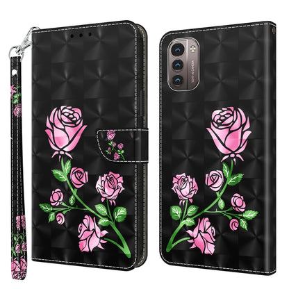 3D painted leather phone case, black rose floral design with triple-camera cutout