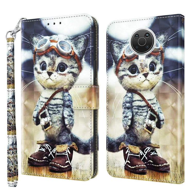 3D painted leather phone case with cartoon cat art and large round camera cutout