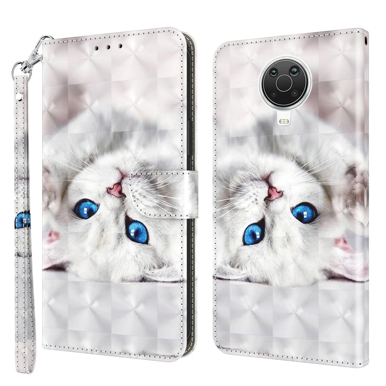 3D painted leather phone case with white cat face, blue eyes, round camera cutout