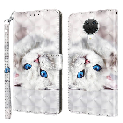 3D painted leather phone case with white cat face, blue eyes, round camera cutout