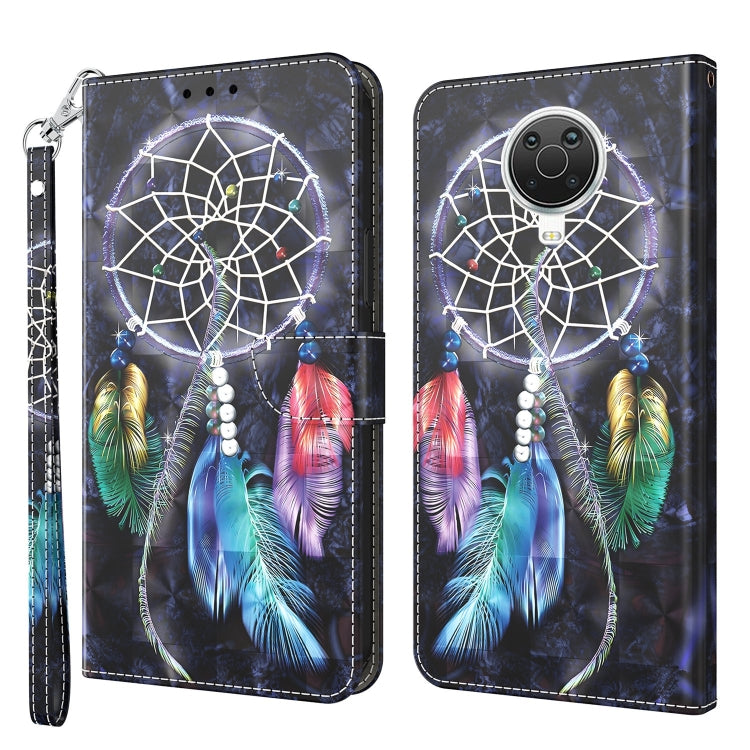 3D painted leather phone case with dark dreamcatcher, multicolor feathers, and round camera cutout