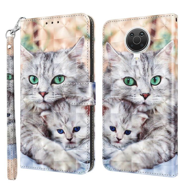 Leather phone case with 3D painted gray cat faces and a round black camera module