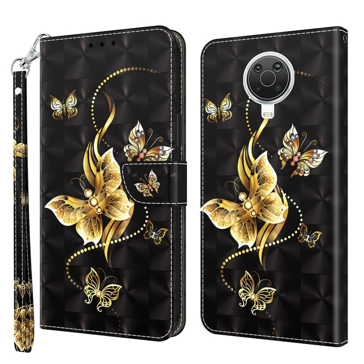 3D painted leather phone case with golden butterfly and cat, round camera cutout, black