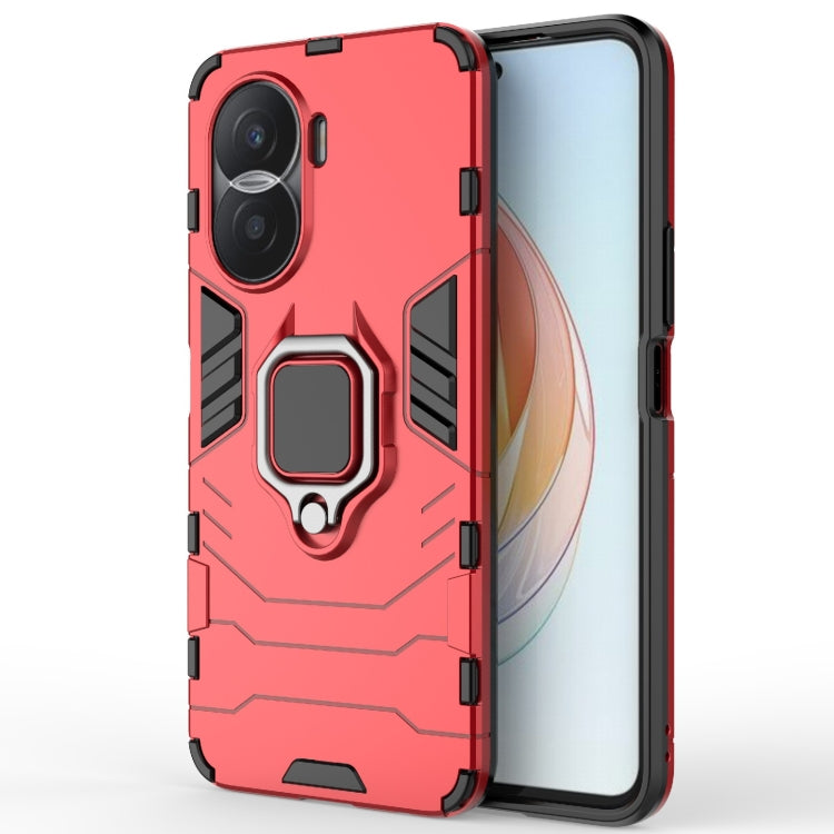 Shockproof protective phone case with magnetic ring holder, red rugged TPU/PC