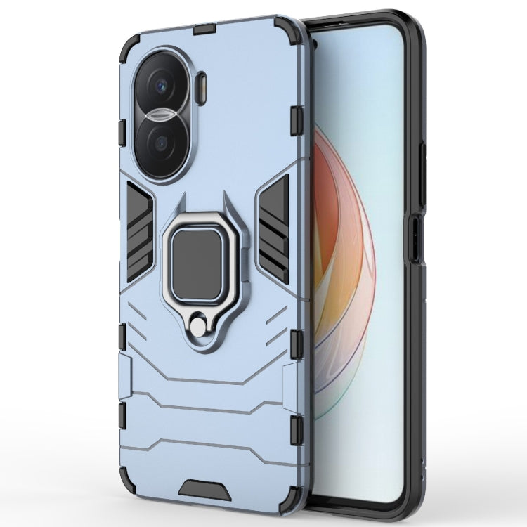 Shockproof protective phone case, light blue/gray, with magnetic ring holder.