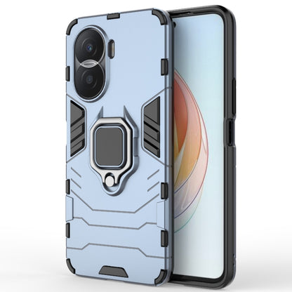Shockproof protective phone case, light blue/gray, with magnetic ring holder.