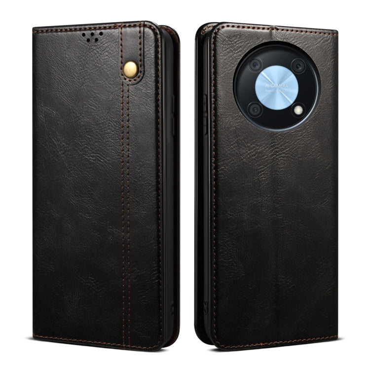 Black oil-wax crazy horse leather phone case, flip design with camera cutout and gold snap