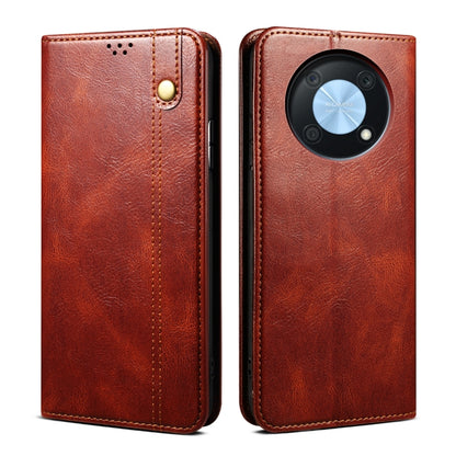 Brown oil-wax crazy horse leather phone case, flip design with camera cutout and gold snap