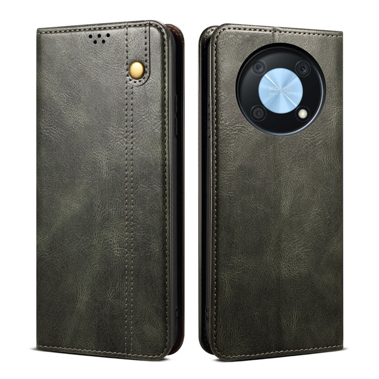 Green oil-wax crazy horse leather phone case with camera cutout and gold snap