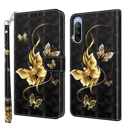 Black leather phone case with gold butterfly pattern, front and back, wrist strap