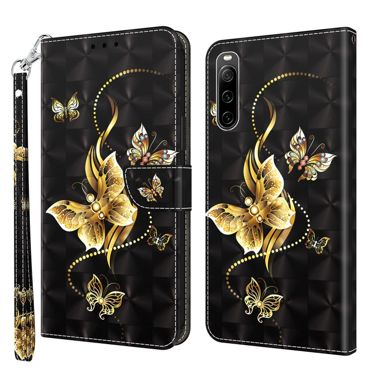Black leather phone case with gold butterfly motif, front and back, lanyard strap