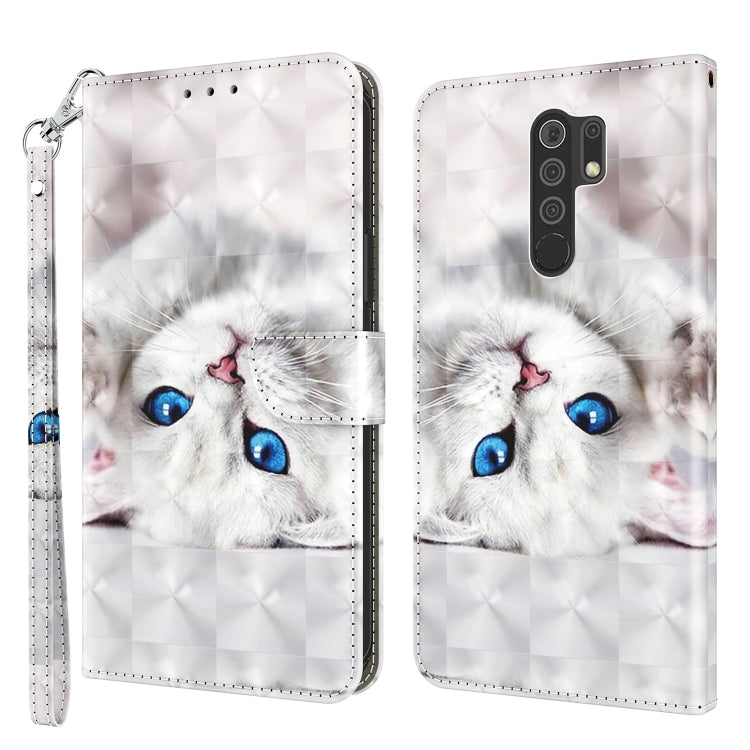 White 3D painted leather phone case with blue-eyed cat, flip cover and wrist strap