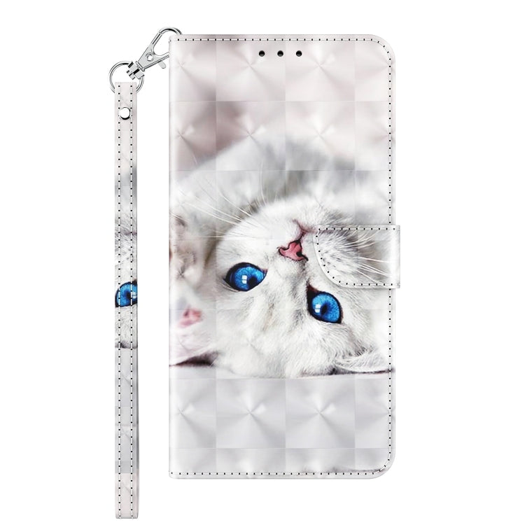 White flip phone case with blue-eyed cat print, front pocket and wrist strap