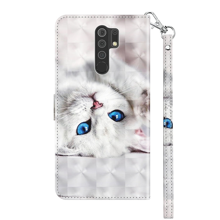 White leather phone case with blue-eyed cat art, magnetic flip cover and wrist strap