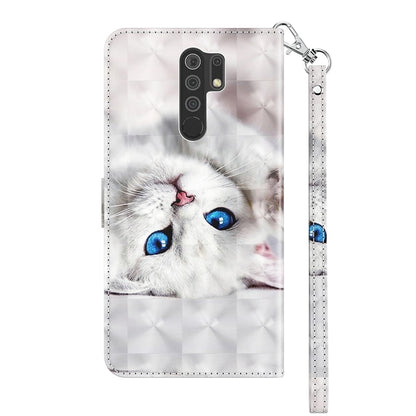 White leather phone case with blue-eyed cat art, magnetic flip cover and wrist strap