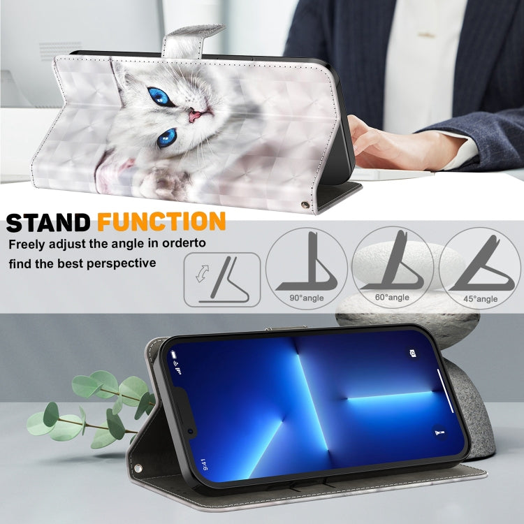 White flip phone case with blue-eyed cat, adjustable stand for hands-free viewing