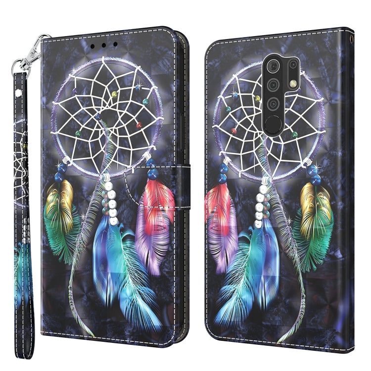Dark 3D painted leather phone case with dreamcatcher and multicolor feathers