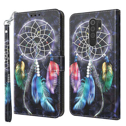 Dark 3D painted leather phone case with dreamcatcher and multicolor feathers