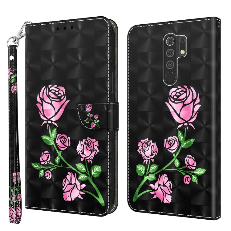 Black leather phone case with pink rose illustration, floral vines, and flip wallet