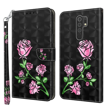 Black leather phone case with pink rose illustration, floral vines, and flip wallet
