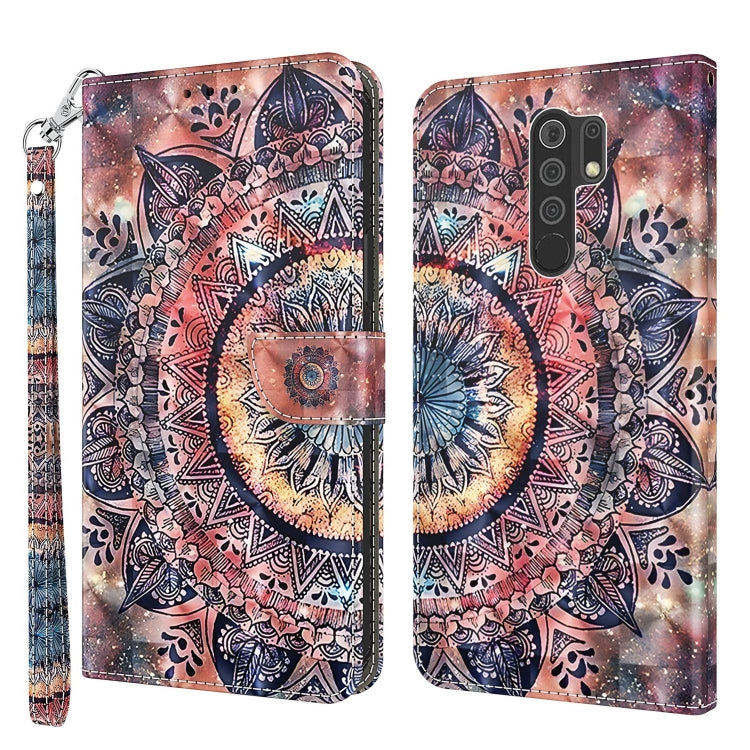 Colorful mandala leather phone case with circular pattern and wrist strap