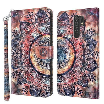 Colorful mandala leather phone case with circular pattern and wrist strap