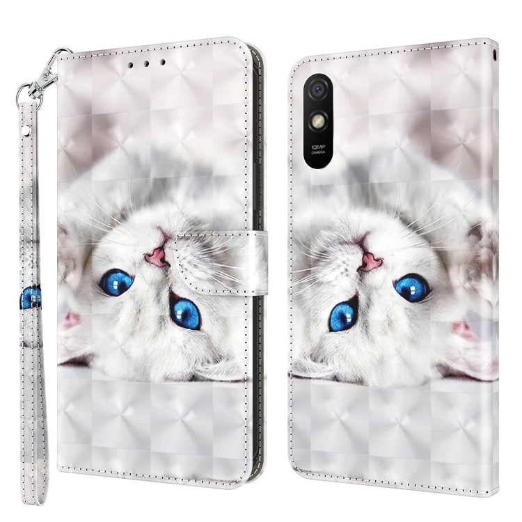 White 3D painted leather phone case with blue-eyed cat, flip cover and wrist strap