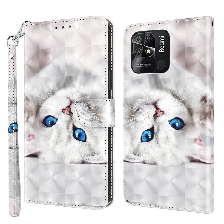 White leather phone case with blue-eyed cat print, camera cutout and wrist strap