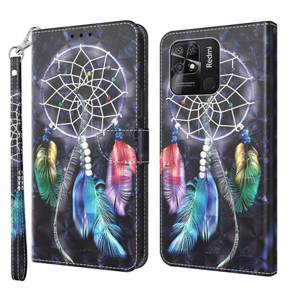 Dark 3D painted leather phone case with dreamcatcher feathers and Redmi camera cutout