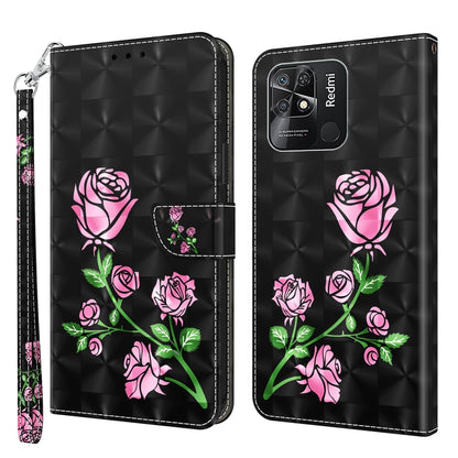 Black leather phone case with 3D pink roses, card slot, wrist strap, Redmi logo