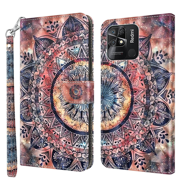 Leather phone case with 3D painted pink and blue mandala medallion and wrist strap