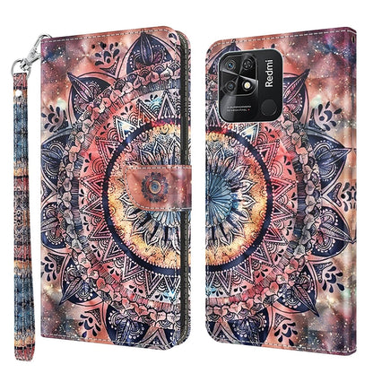 Leather phone case with 3D painted pink and blue mandala medallion and wrist strap