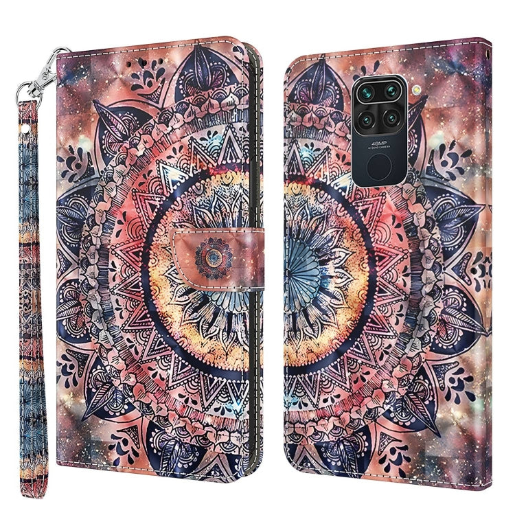 Leather phone case with 3D painted pink and blue mandala design and wrist strap