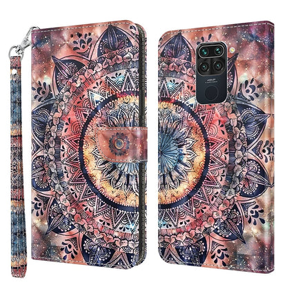 Leather phone case with 3D painted pink and blue mandala design and wrist strap