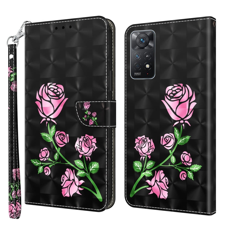 Black leather phone case with 3D pink roses, card holder pocket, and wrist strap