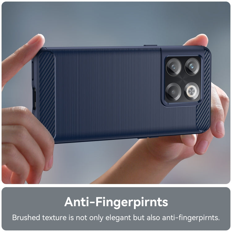 Blue brushed carbon fiber TPU phone case held in hands, camera module visible