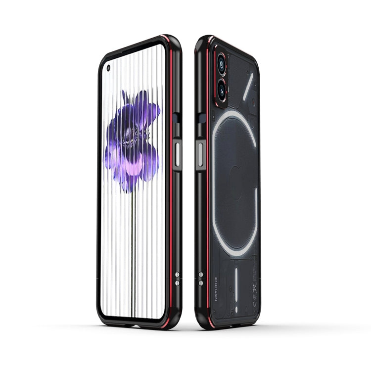 Protective phone case with lens cover, black with red trim, front and back view for Nothing Phone 1
