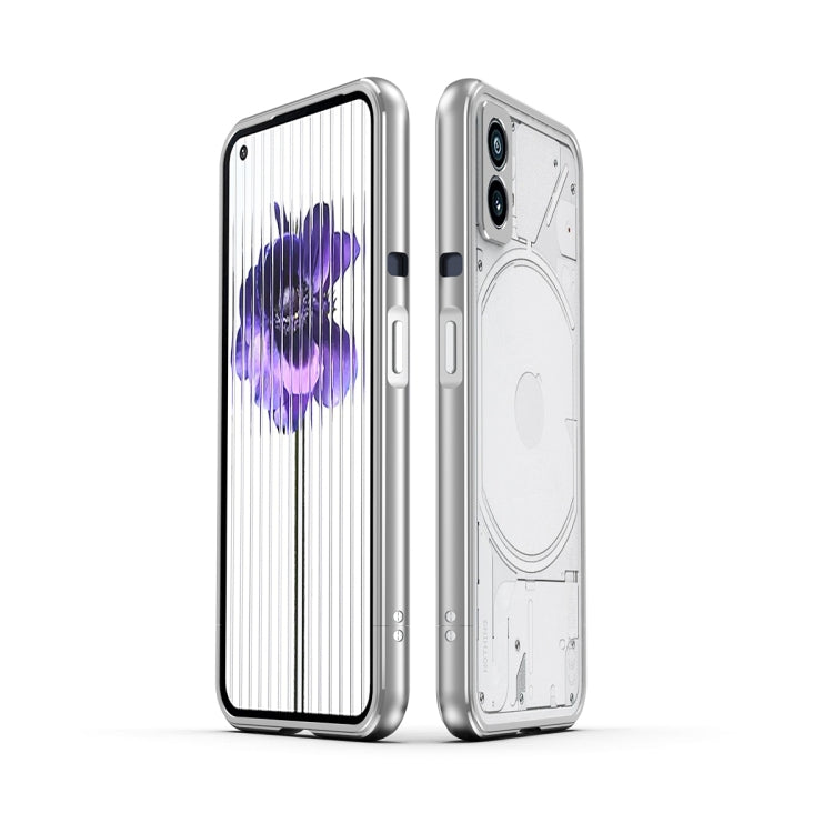 Protective phone case with lens cover, silver frame with light back, front and rear view