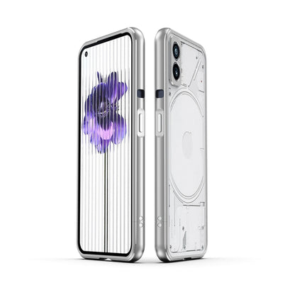 Protective phone case with lens cover, silver frame with light back, front and rear view